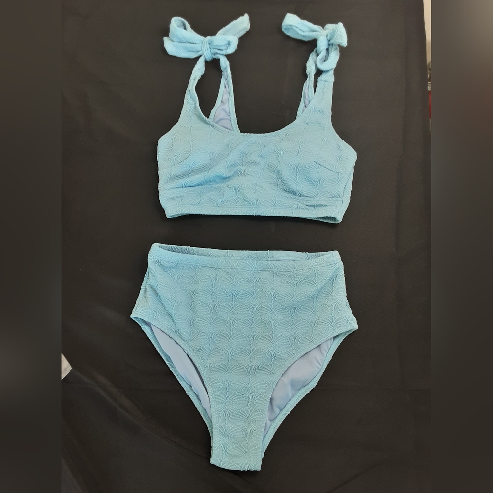 Blue Textured Shoulder Tie Tankini Type Bikini Set C275